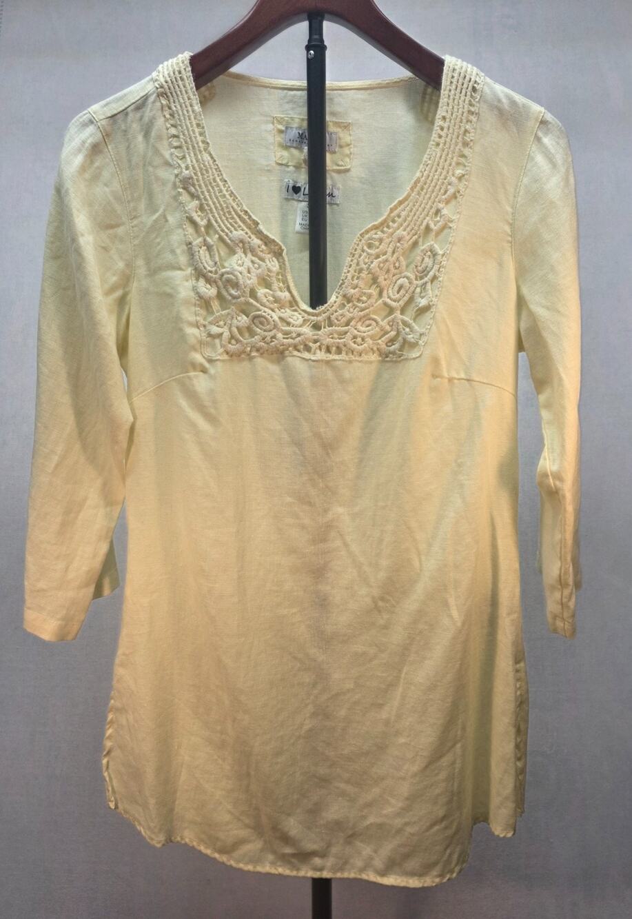 Malvin Hamburg Germany I Love Linen Yellow Crochet V-Neck Tunic Top Boho (S)